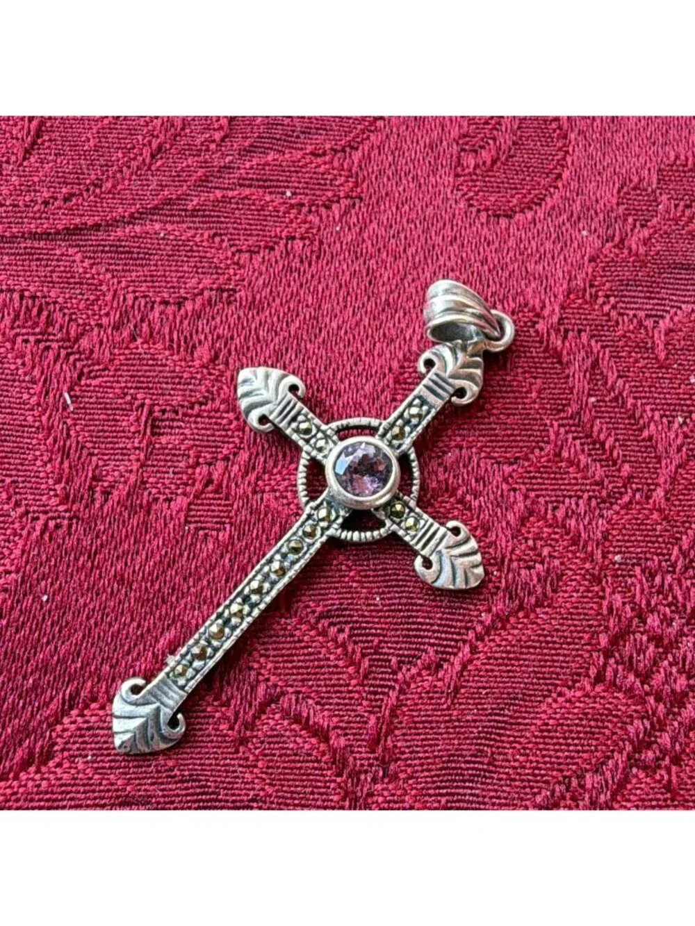Vintage SU Sunstone 925 Sterling Silver Amethyst Marcasite Celtic Cross Pendant